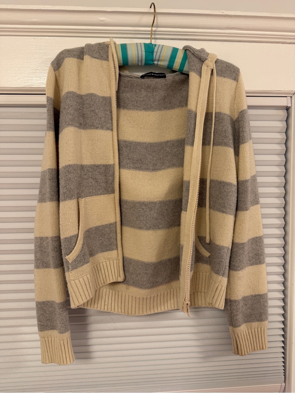 Brandy Melville Striped Hooded Zip Sweater in Cream and Gray